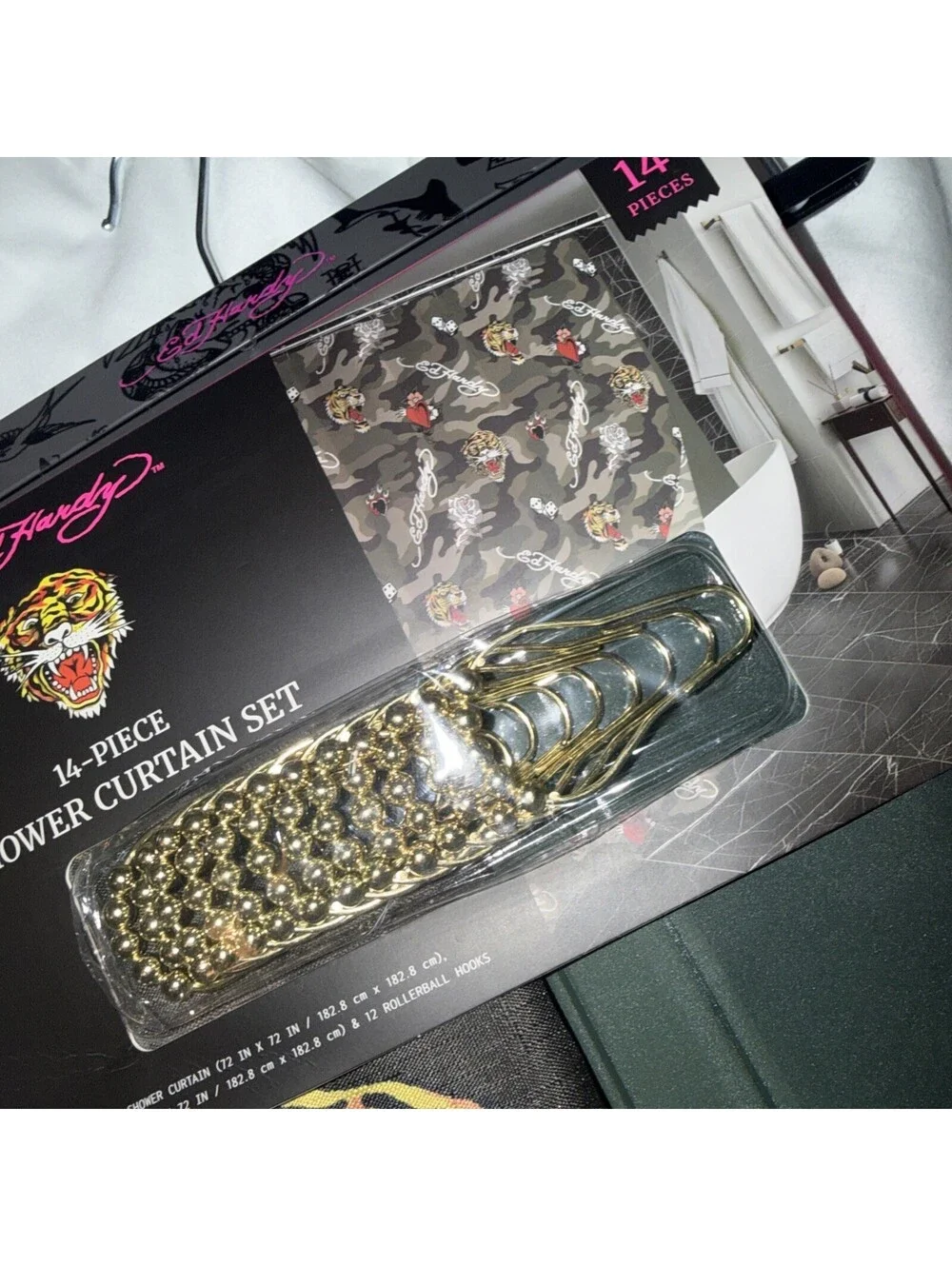 New ED HARDY  14-Piece Shower Curtain Set Tiger Camo Dice American Tattoo Art